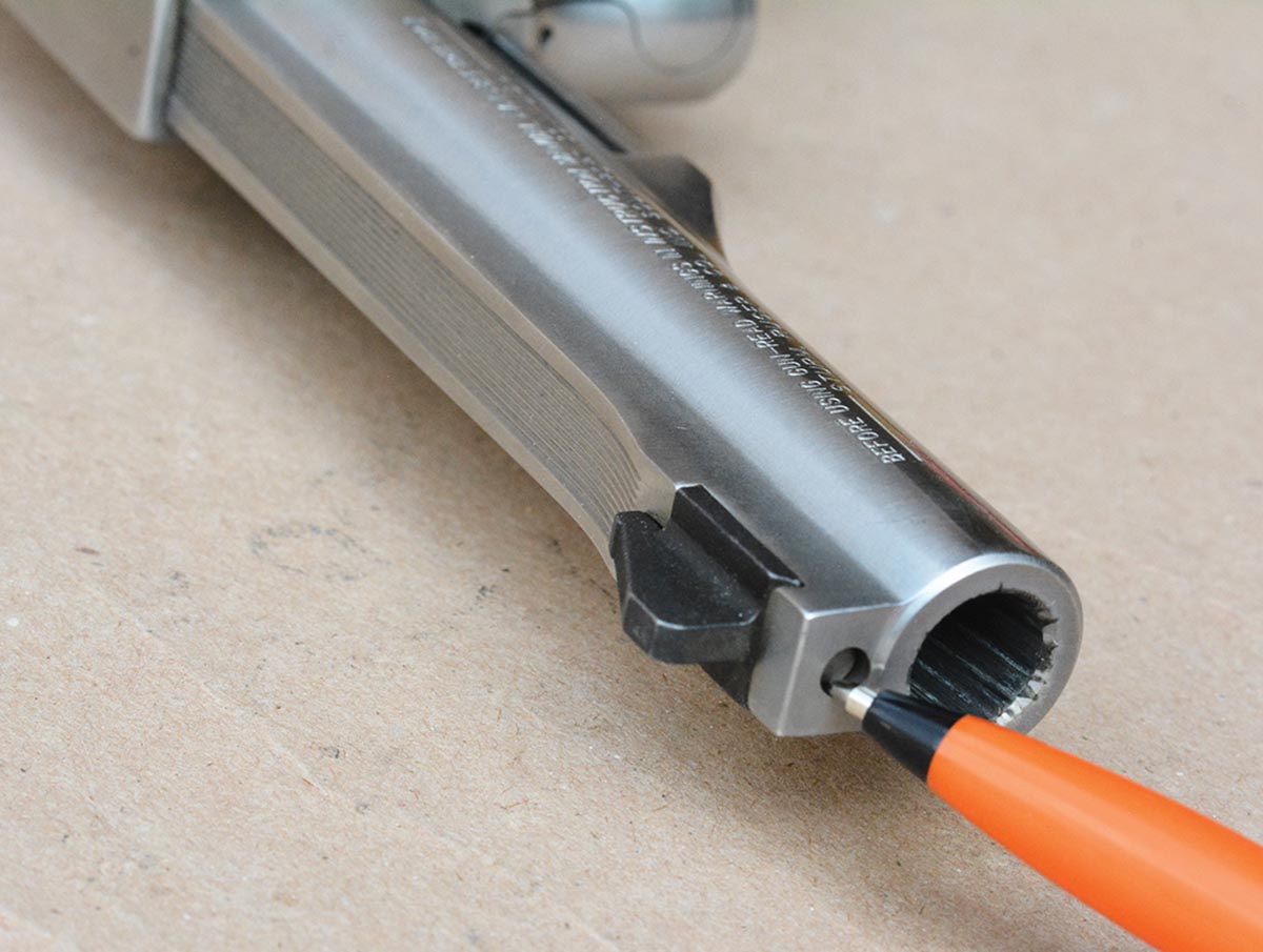 The front sight blade is easily interchanged, allowing different sight options.